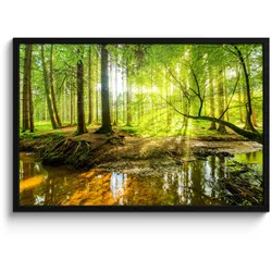 POSTER MIT RAHMEN Wald - Landschaft - Wasser - Bäume - Sonne - Grün - Natur 90x60 cm