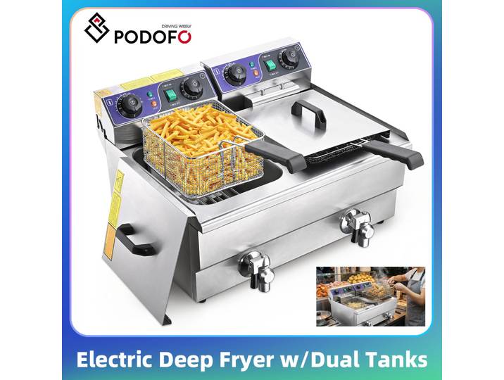 Friteuse Électrique Commerciale Podofo à Double Bac à Huile, Double Valve de Vidange, Minuteur, 3000W, 20L, en Acier Inoxydable, Double Cuve, Friteuse Submersible