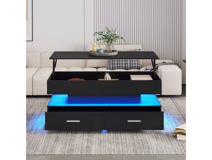 Table Basse Plateau Relevable Table de Salon Noire Table Basse avec Éclairage LED 2 Tiroirs Rangement100x50x44cm