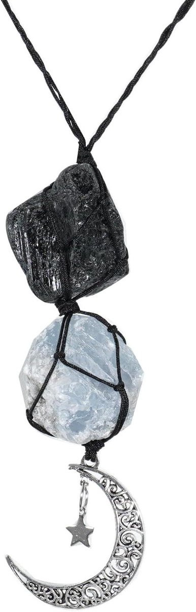 Provento Natuurlijke Kristal Ruwe Steen Hanger voor Auto - Obsidiaan, Aquamarijn en Maan Ornament - Zwart en Blauw