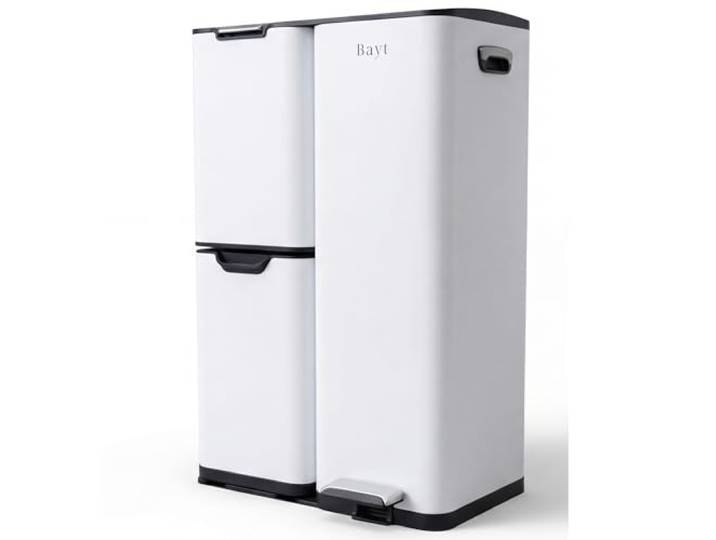 Bayt Mülleimer 60L Edelstahl, 3 Fächer Mülltrennsystem mit Pedal, Weiß Abfalleimer für Küche und Büro, Aufteilung 30, 17 und 13 Liter, herausnehmbare Inneneimer für Restmüll, Bio und Wertstoffe