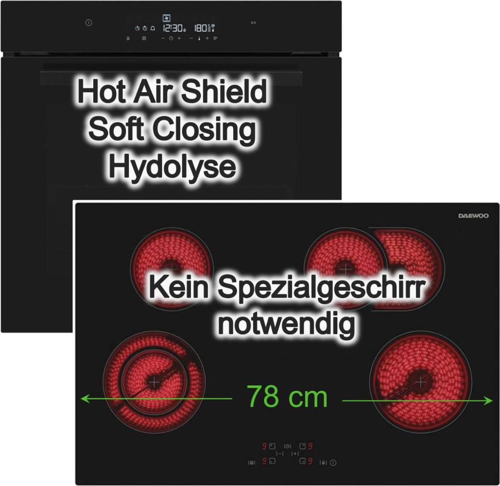 Backofen Set Einbau Schwarz SoftClose Hydrolyse + Kochfeld Bräterzone Daewoo