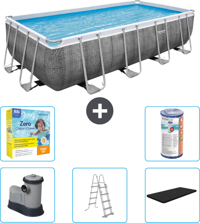 Bestway rechteckiges Power Steel-Schwimmbecken - Rattan-Druck - 549 x 274 x 122 - inklusive Pumpe - Leiter - Abdeckung Wartungspaket - Filter