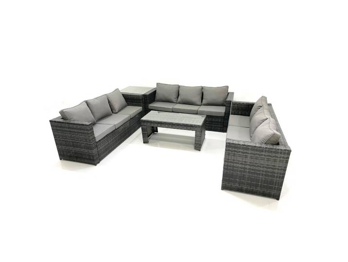 Fimous Gartenmöbel Couchtisch SET mit Sofa Polyrattan Outdoor 9-Sitzer, Dunkelgrau, Metall, Kunststoff, Glas, Füllung: Schaumstoff,Schaumstoff, rechteckig, Gartenmöbel, Gartengarnituren, Gartenmöbel-Sets