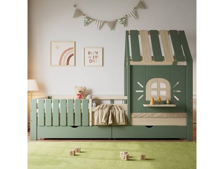 Elaimoros Kinderbett, Hausbett mit Dach und Fenster,Grün+Natur, 90x200cm Mit Holzfensterbank, Vierseitiger Zaun, mit 2 Schubladen, Kiefer+MDF