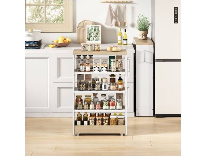 ROVRYN desserte de rangement étroite 20 cm sur roulettes 4 étagères réglables MDF blanc aspect bois