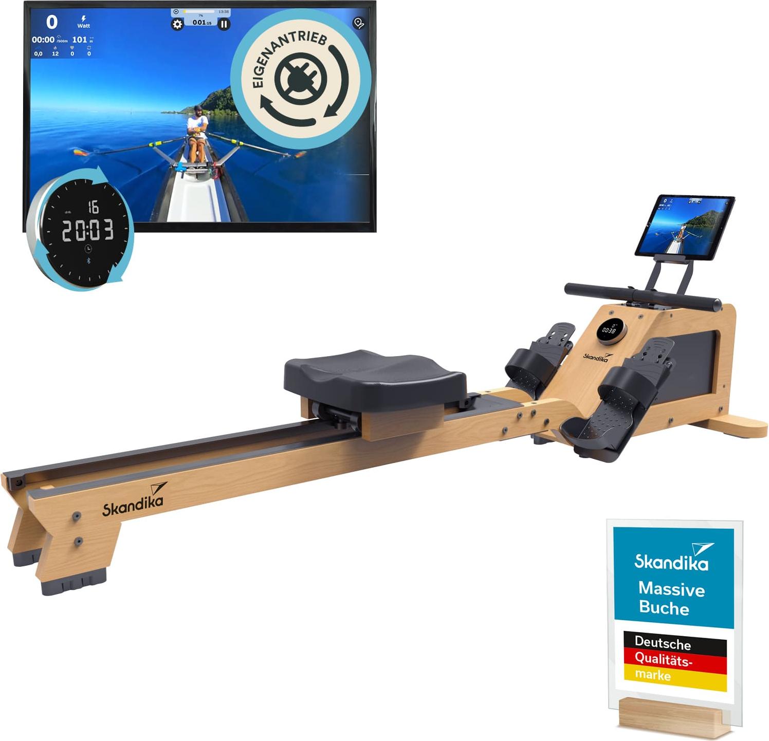 Skandika Rudergerät für Zuhause Torin P6-G | Rudergeräte Krafttraining, mit Eigenantrieb, Rahmen aus Echtholz, Magnetbremse, 32 Stufen, Bluetooth