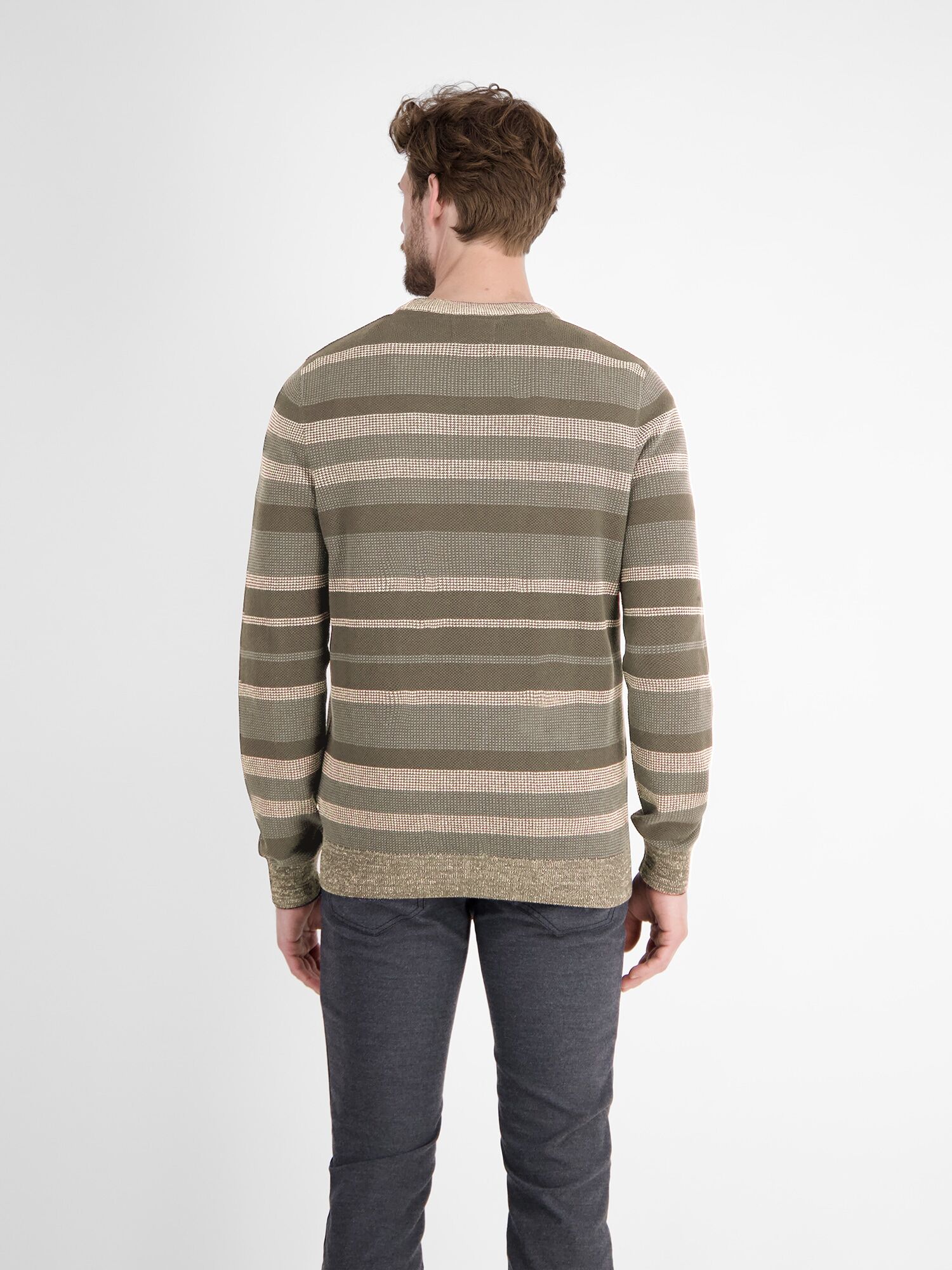 Strickpullover LERROS "Gestreifter Strickpullover", Herren, Gr. S, beige (tender beige melange), 100% Baumwolle, Rundhals, Pullover Strickpullover tender beige melange S
