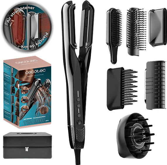 Plancha de pelo - Cecotec AirLisse 6in1 Platinum, Cerámica, 1000W, 112.000 rpm, Función plasma, Motor Brushless, 6 accesorios, Estuche premium, Negro