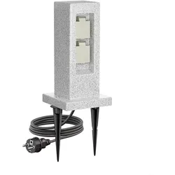 ledscom.de Garten-Steckdosen-Säule POCK mit Erdspieß und 2m Kabel für außen, 2-Fach, Stein-Optik, Kunstharz, eckig, 30cm