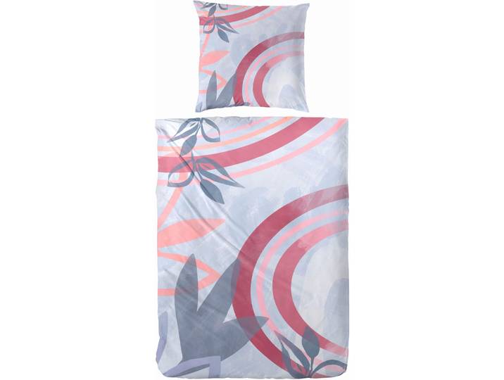Bettwäsche PRIMERA Art Deco , blau (blau, rot), B/L: 135cm x 200cm, 1 Stk., 1 Stk., Satin, B/L: 80cm x 80cm, 2 Stk., Satin, Obermaterial: 100% Baumwolle, Bettwäsche, Bettwäsche, mit grossem Print