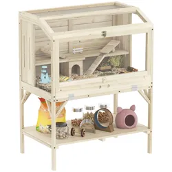 PawHut Hamsterkäfig, 2 Ebenen, Kleintierkäfig mit Aufbewahrungsfach, Zubehör, Naturholz
