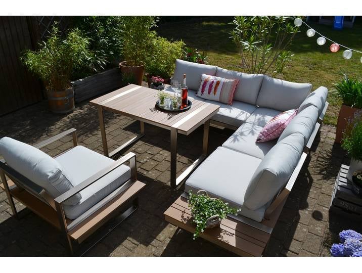 Dining Ecklounge Atlanta im Edelstahl/Teak Look - Polsterfarbe beige