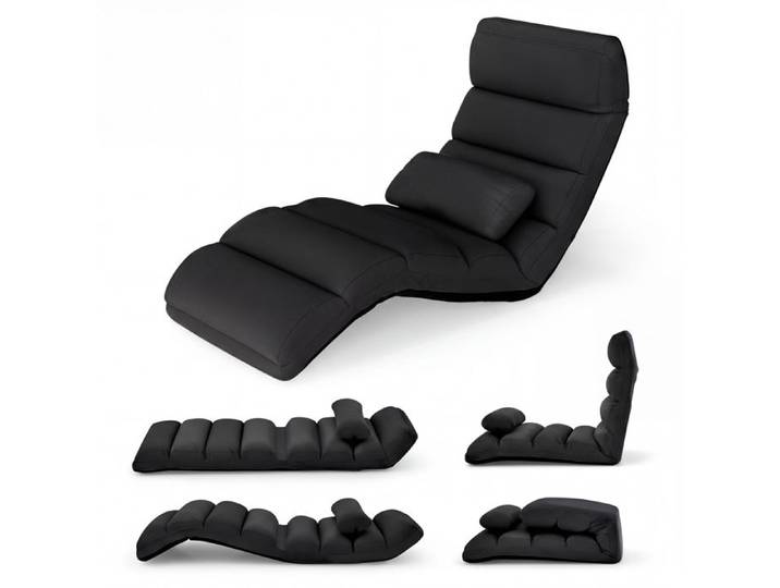 Chaise Paresseuse COSTWAY avec Oreiller Dossier 90°-180° Fauteuil au Sol Pliable en Surface Suède 175 x 55 x 20CM Noir