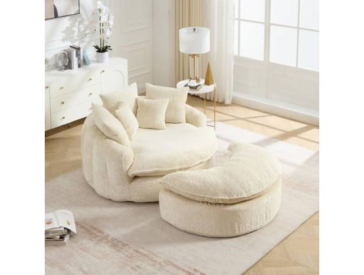 55-Zoll-langer Polyester-Schaumstoff-Sessel, Flauschiger moderner Sofa-Bett Oversized runder Stuhl für Wohnzimmer, Lounge und Projektionsraum, Beiter Sessel mit Verstellfunktion, mit Kisse