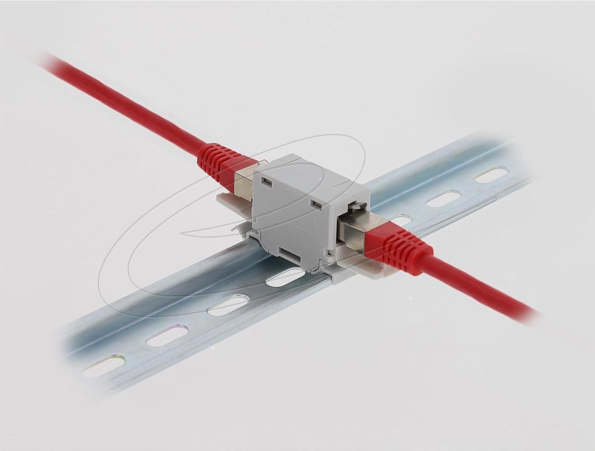 Delock Netwerkkoppelaar RJ-45 naar RJ-45 CAT 6a met stofkap en DIN-rail montage - Grijs
