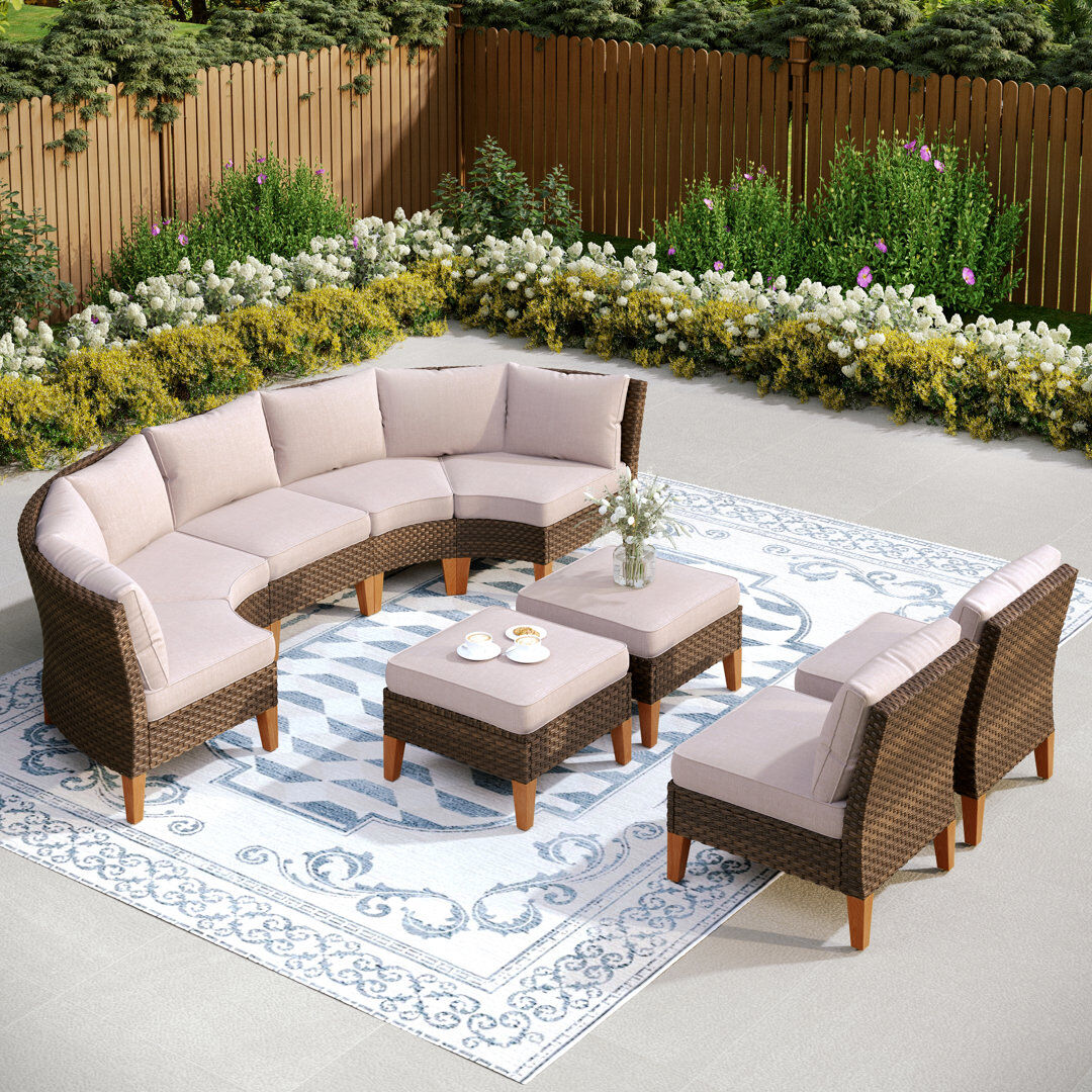 Blue Elephant All Weather Wicker/Rattan 9 - Person Seating Group with Cushions Beige 9