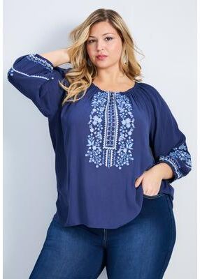 Plus Size Women's Anna Embroidery Detail Top by Avenue in Navy (Size 16)