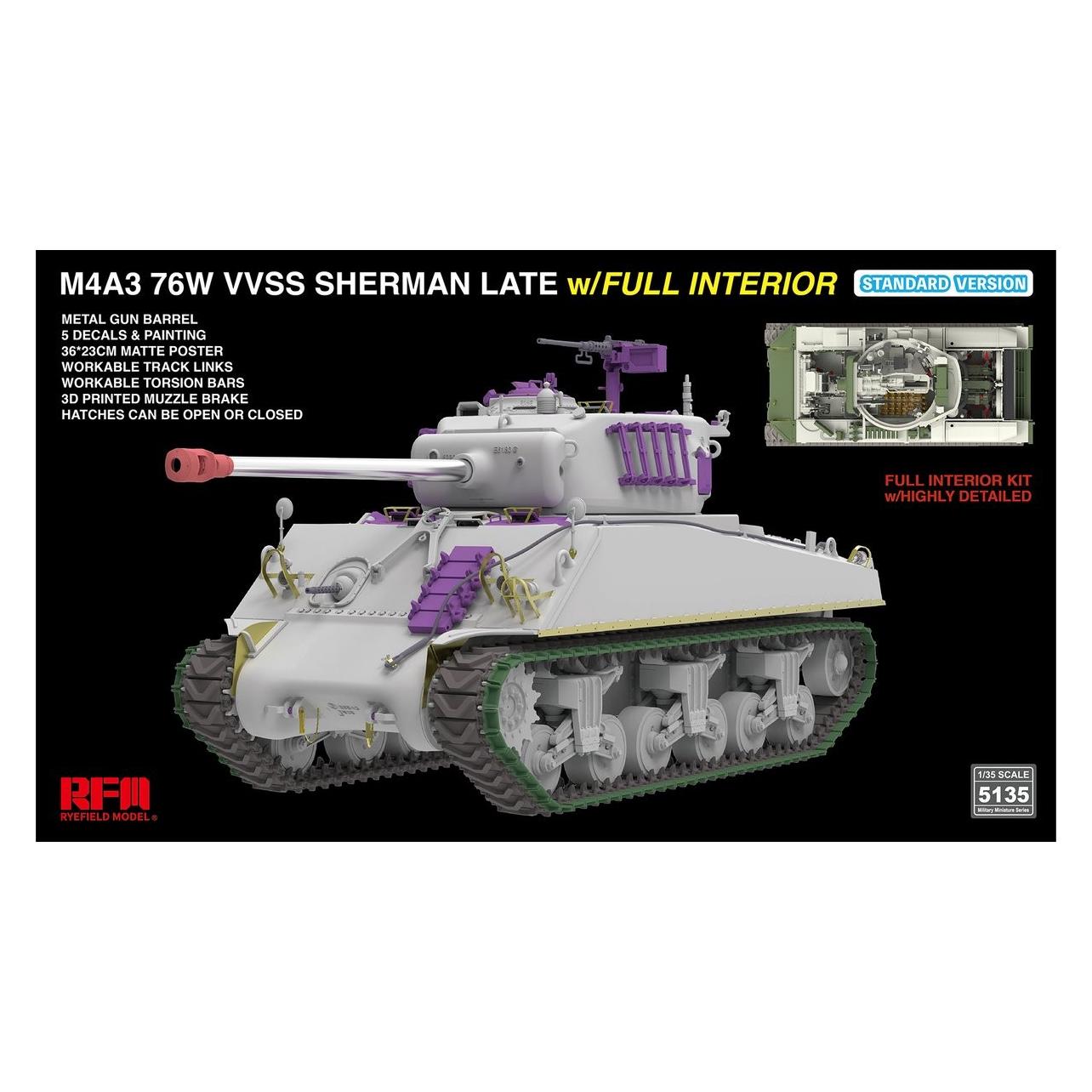 Rye Field Model Kit Modello Carro Armato Sherman M4A3 76W VVSS (RFM5135)
