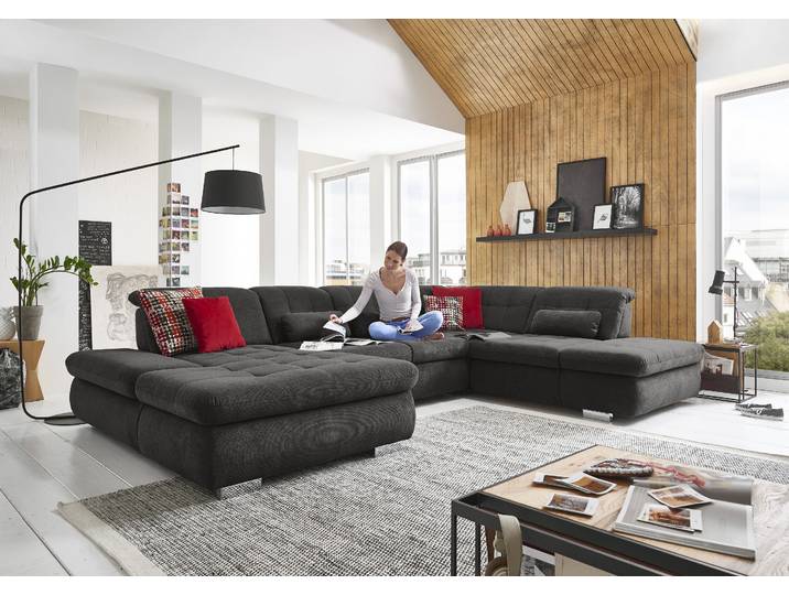 Ecksofa, Polyester, Schwarz, 382×124 cm, U-Form & Sitztiefenverstellung, Modern, DIE PLANBAR