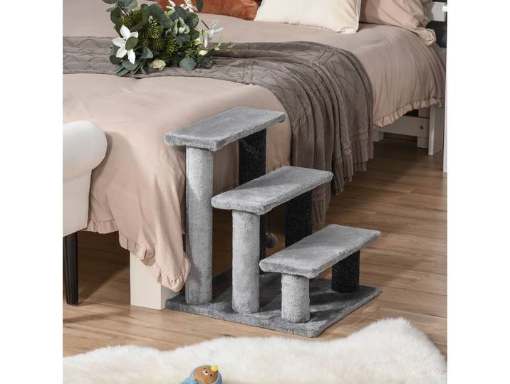 PawHut Escalier pour Chat à 3 Niveaux avec Poteaux à Griffer Balle Escalier pour Chien Escalier pour Animaux de Compagnie pour Chats jusqu'à 5 kg Peluche Jute Gris 45 x 40 x 48 cm