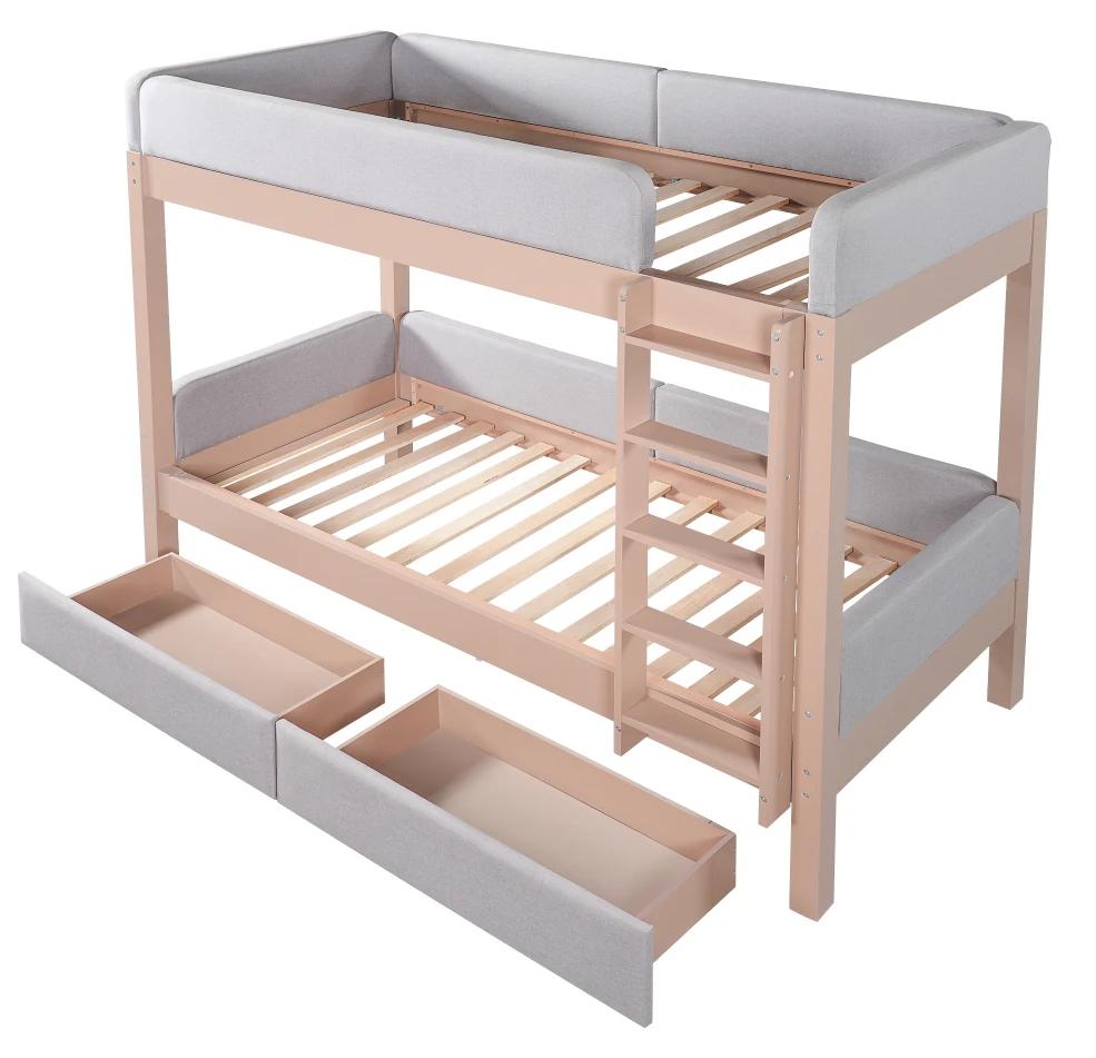 Etagenbett - Kinderbett - 90 x 200 cm - Grau - Weiche stoßabsorbierende Schaumstoffkante - Gerade 4-stufige Treppe - 2 Schubladen - Stabiles Lattenrost