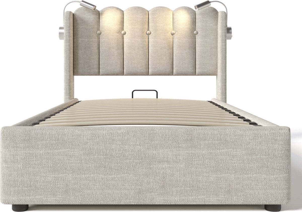Gotagee Gestoffeerd Opbergbed met Hydraulische Opbergruimte, USB-oplaadpoort en Leeslamp, 90x200 cm