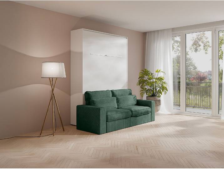 Schrankbett 160 x 200 cm – Manuelles vertikales Öffnungssystem – Mit LEDs – Weiß + Grünes Sofa + Matratze – RAPILI