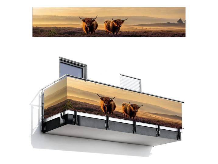 MuchoWow Balkon-Sichtschutz Schottische Hochlandbewohner - Heide - Landschaft - Tiere, Cognac, Kunststoff, Rechteckig, 500x95 cm, Sonnenschutz, Sichtschutz