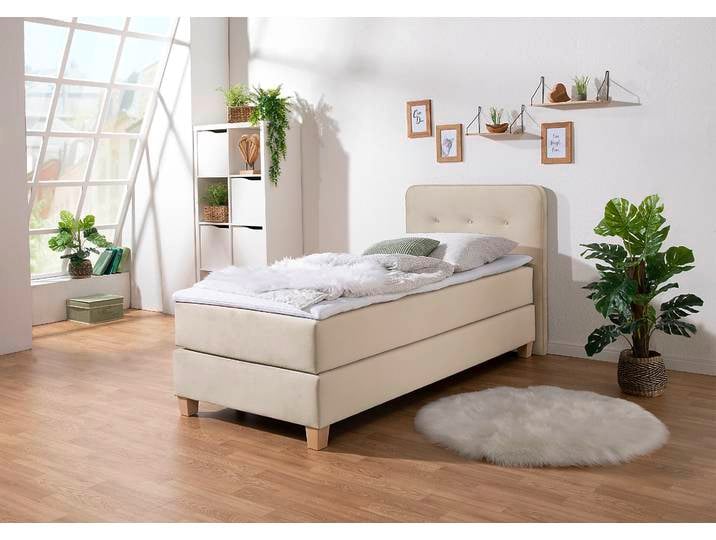 Boxspringbett, Strukturstoff & Samt, Beige, 103×207 cm, Inkl. Topper, Modern, Home Affaire
