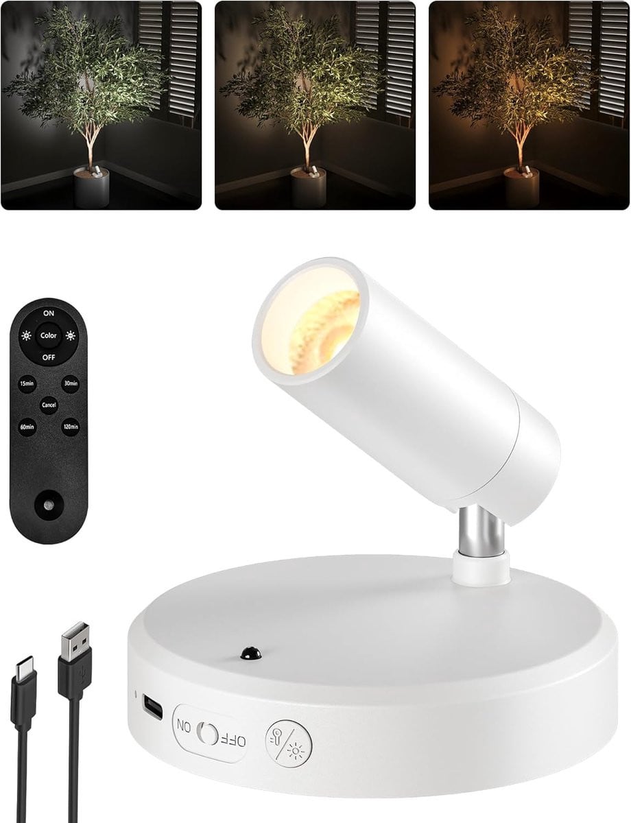 Oplaadbare draadloze LED wandspot in wit met afstandsbediening, dimbaar en timer voor schilderijen en planten