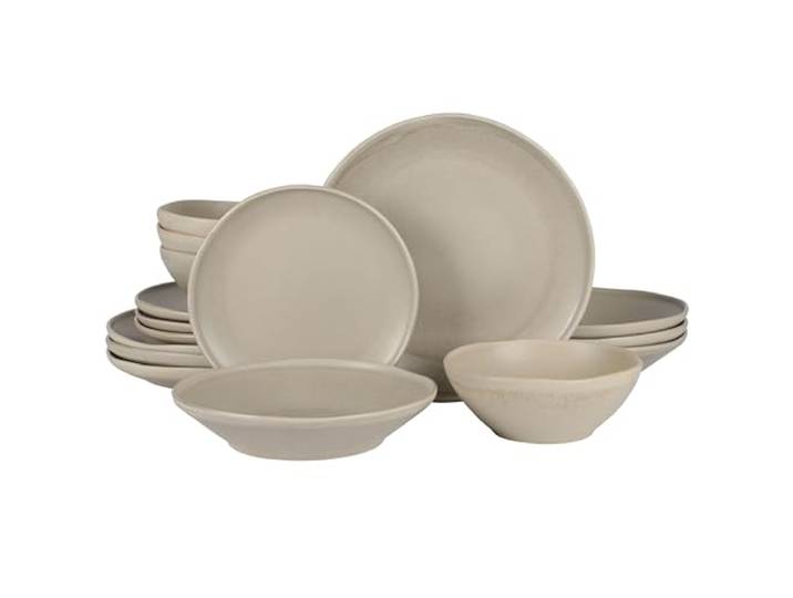 Gibson Elite Island Cove Geschirr-Set, 16-teilig (Service für 4) Teller und Schüsseln, reaktive Glasur, organisches rundes Geschirr, Steingut, Keramik, Hellgrau