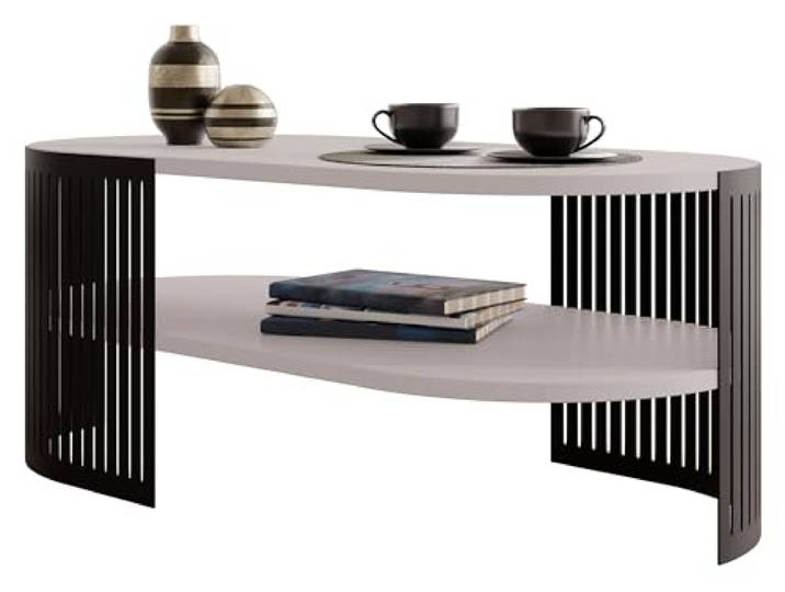 Mirjan24 Couchtisch Fahugin II, ovale Form (Cashmere, Schwarz) Eleganter Kaffeetisch mit Ablagefläche, stabilem Metallgestell und großzügiger Tischplatte für Getränke, Bücher und Deko