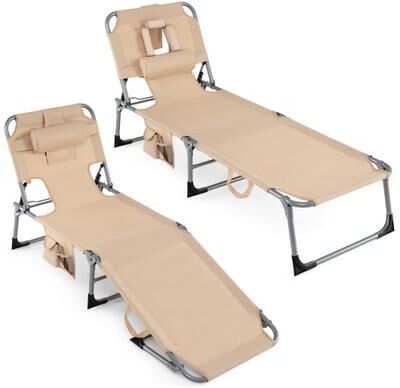 Costway Set of 2 Tanning Chair Portable Chaise Lounge Chair with 4-Position Adjustable Backrest-Beige