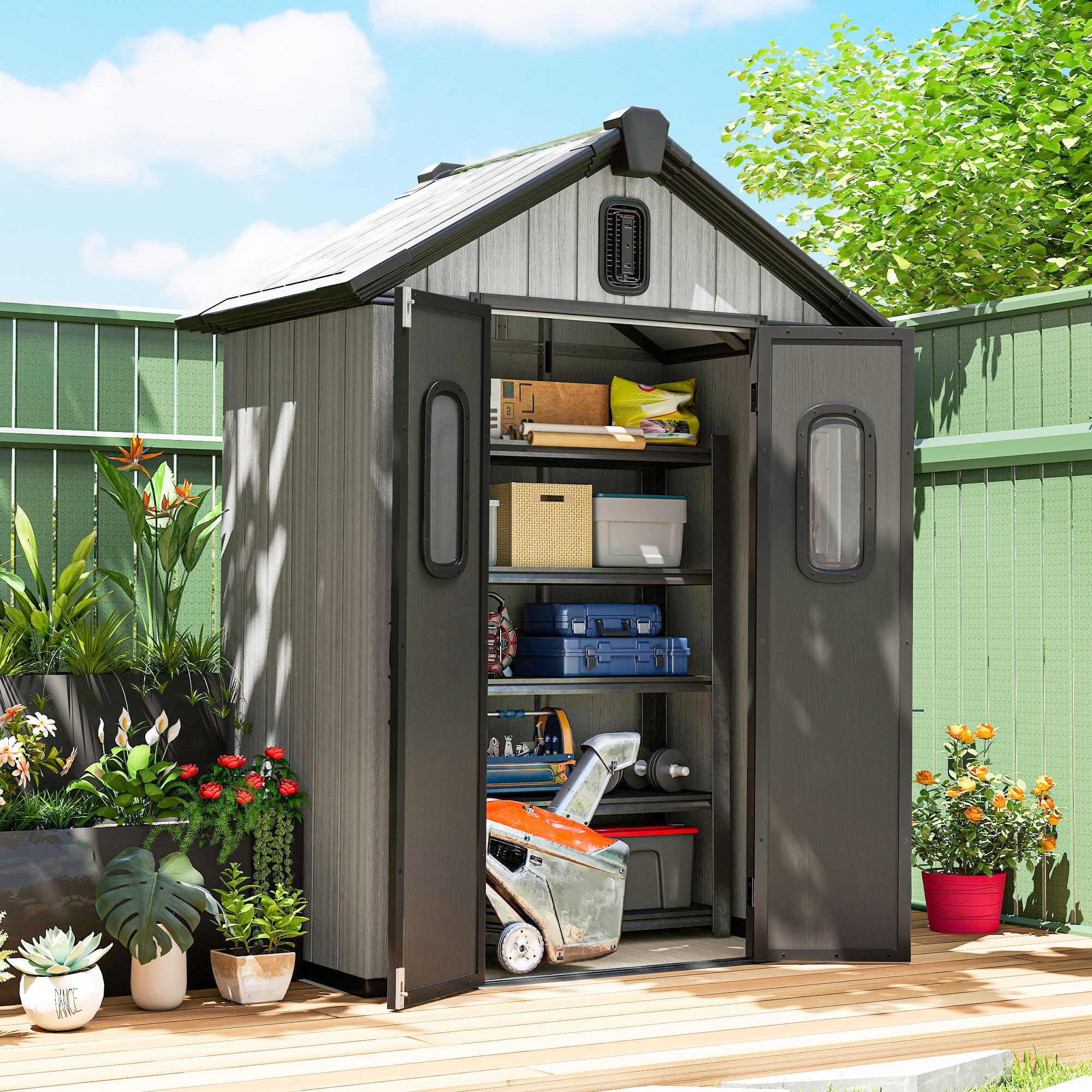 Outsunny Capanno Giardino 160L x 98P x 217A cm, Plastica, Doppie Porte Bloccabili, Grigio   Aosom Italy