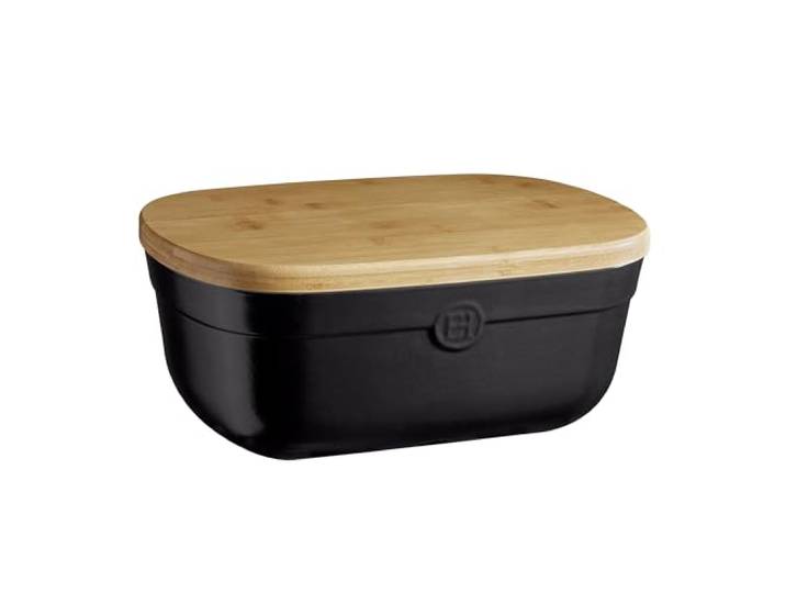 Emile Henry Brotkasten aus Keramik + Holzdeckel, 35,6 cm, schwarzer Trüffel Das Keramik-Design hilft, die Feuchtigkeit für weiches Brot und knusprige Krusten auszugleichen.