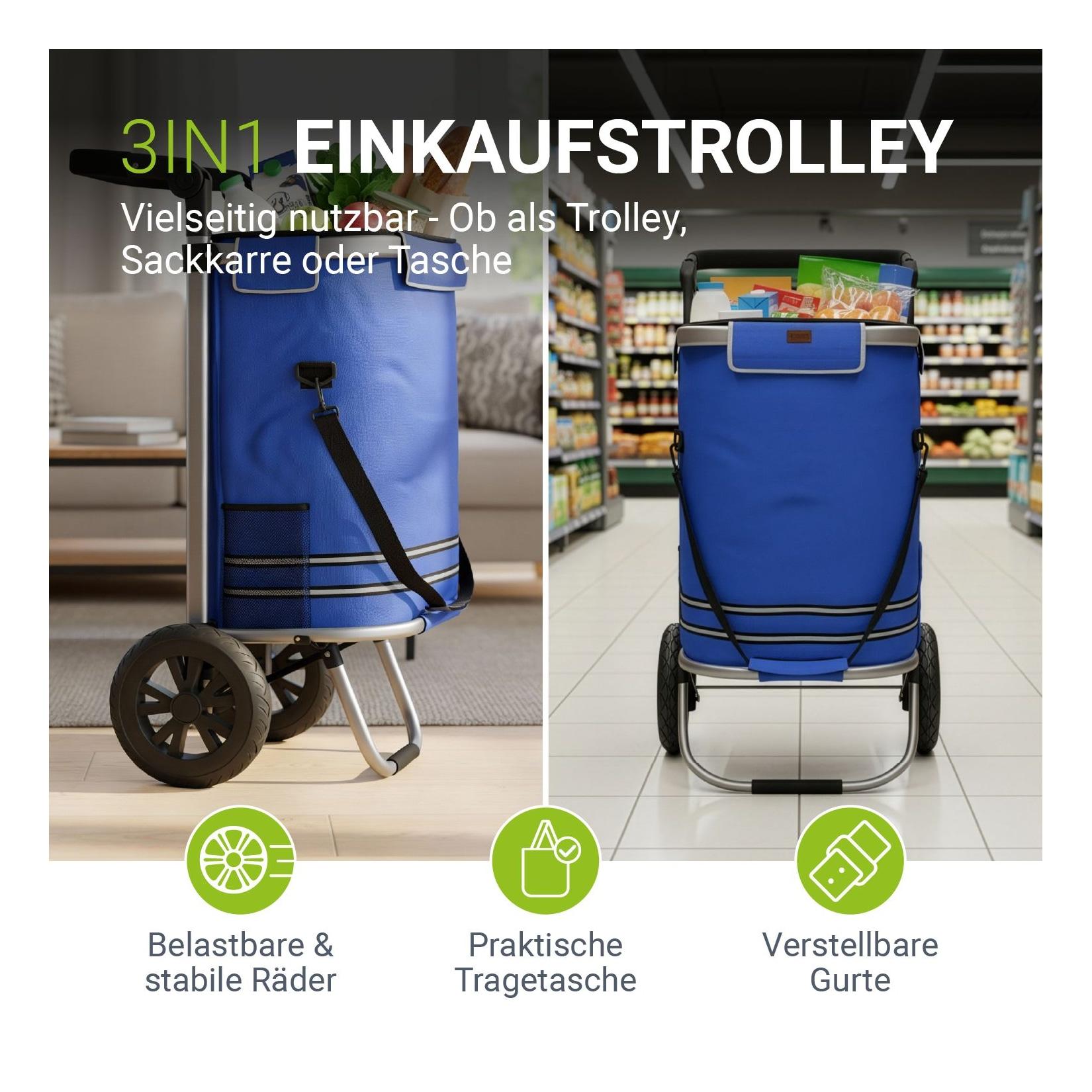 Juskys Einkaufstrolley 3in1 mit 2 Rollen für Shopping - 56 L Tasche - Trolley klappbar - Dunkelblau