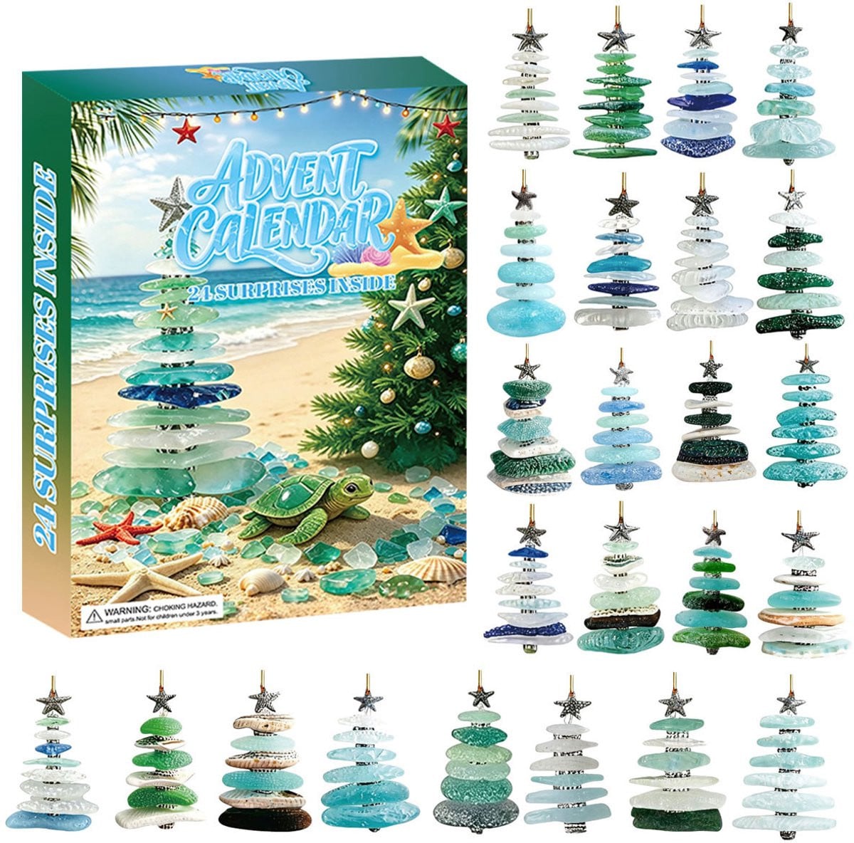 Kerst Adventskalender Blind Box met blauwe zeeglas kerstboomversiering voor op tafel