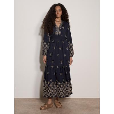 Maxikleid APRICOT "Boho-Maxikleid", Damen, Gr. XS (34), N-Gr, blau (navy), gewebt, Obermaterial: 88% Viskose CV. 12% Nylon NY., uni, V-Ausschnitt, Kleider Maxikleid, mit Stickerei