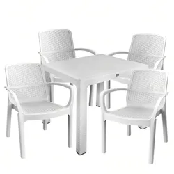 Sicignano 4er-Set Numana-Sessel in Weiß + weißer Polyrattan-Tisch