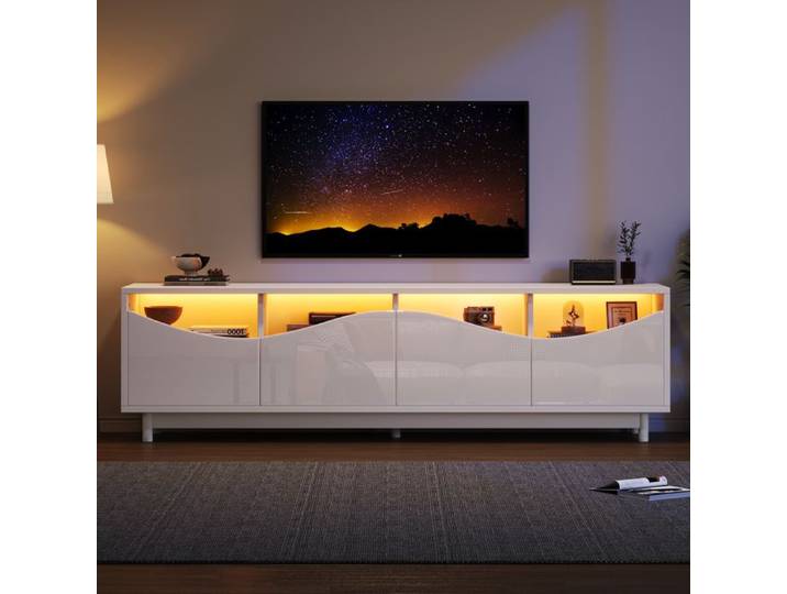 Meuble TV incurvé blanc brillant porte en verre trempé éclairage LED adapté comme meuble de divertissement 175 x 38 x 51 cm