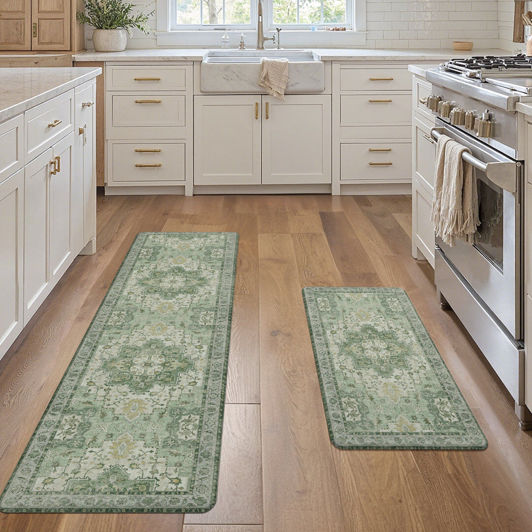 East Urban Home Comfort Rebound PVC Anti-Fatigue Kitchen Mats with Cushioned Support, Non-Skid, Water Resistant Green/Beige Runner 44cm x 180cm