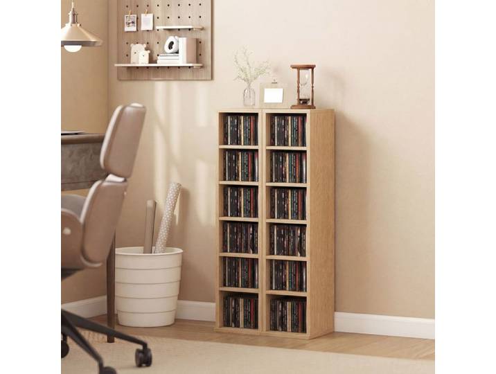 Meuble porte-CD - Lot de 2 - 6 étagères réglables - 204 CD - Couleur bois