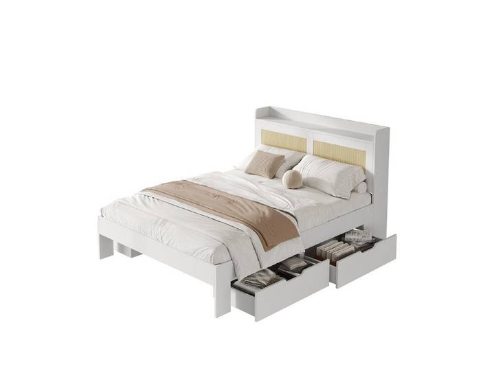 REDOM Holzbett Nachttisch-Ablageregal mit Rattan-Dekoration (Doppelbett, Funktionsbett, Massivholzbett, 2-tlg., 140*200cm, mit Matratze), mit Rattan-Dekor, Schubladen
