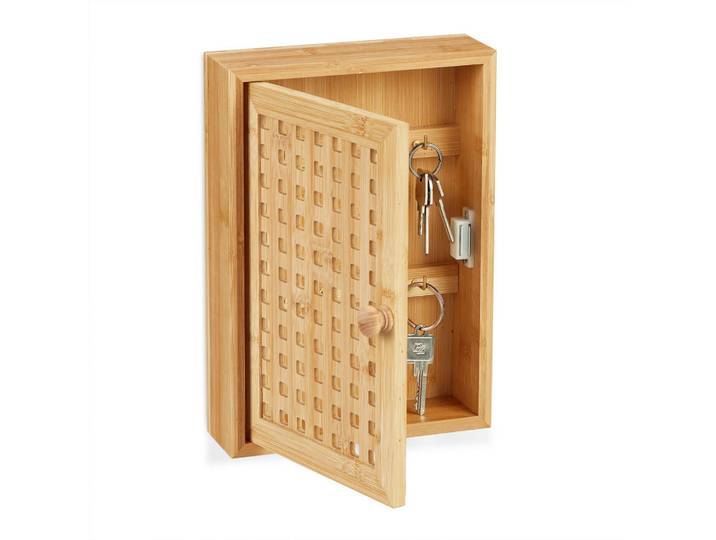 Relaxdays Schlüsselkasten Natur Bambus 8 Haken Magnetverschluss 27x19x7,5 cm, Hellbraun, Holz, Metall, Rechteckig, 19x27x7.5 cm, Garderobe, Schlüsselboard & Schlüsselkasten