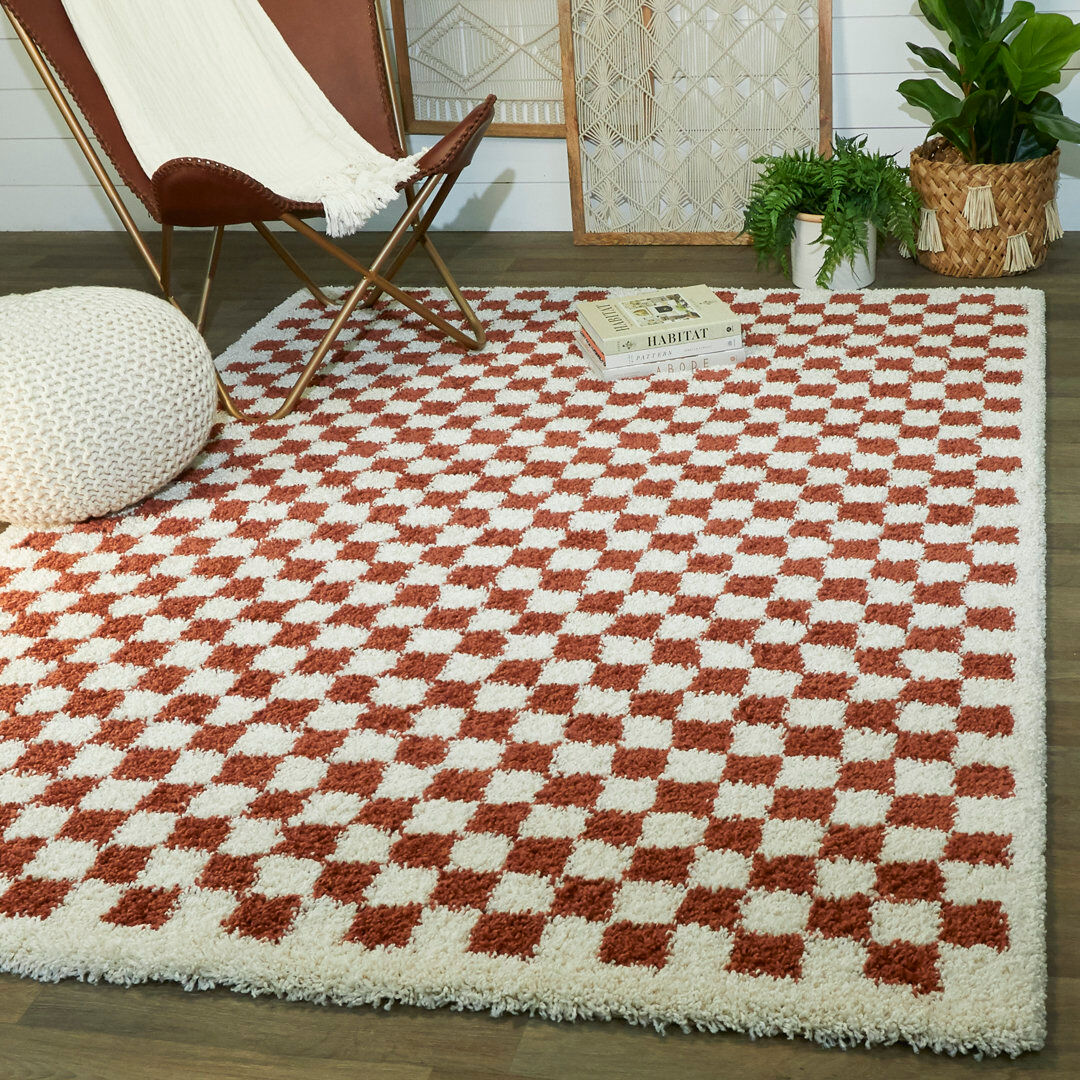 Hykkon Noor Chequered Burnt Orange/Cream Rug Cream Rectangle 120 x 170 cm