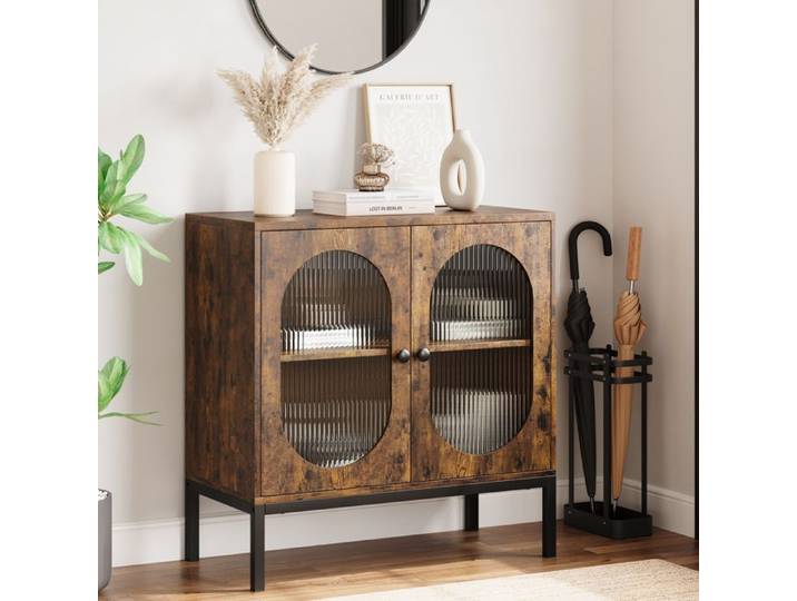 JoyGarden Buffet d'entrée en bois avec portes vitrées et rotin rangement rétro étagère réglable – Couleur rétro verre Changhong