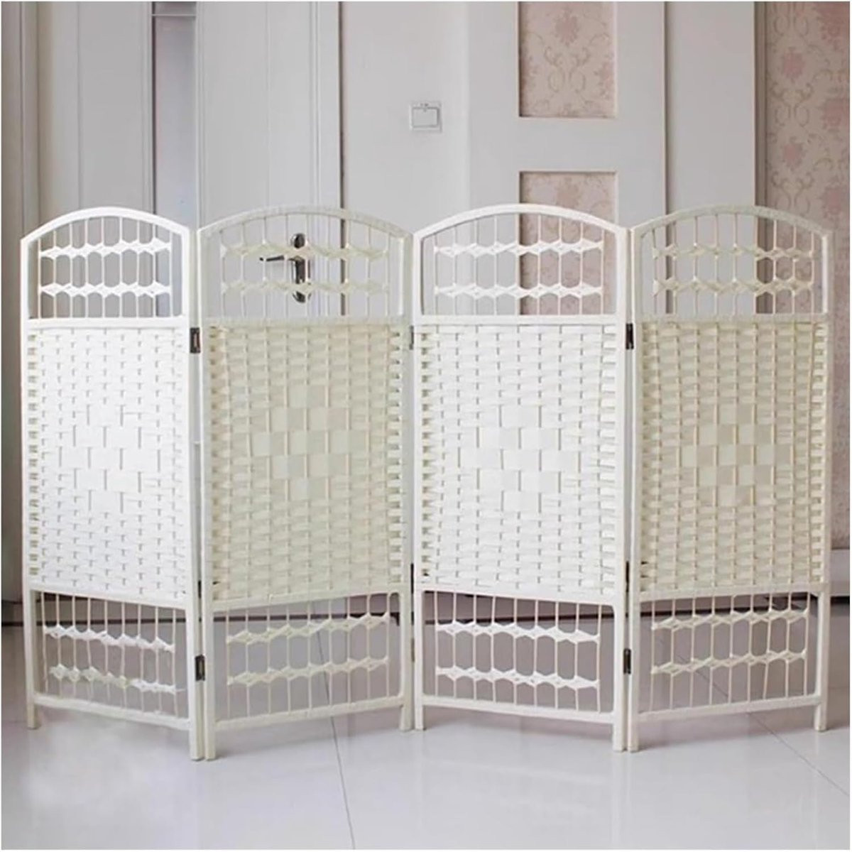 Decoratieve opvouwbare scheidingswand met handgeweven structuur en instelbare hoogte - Wit