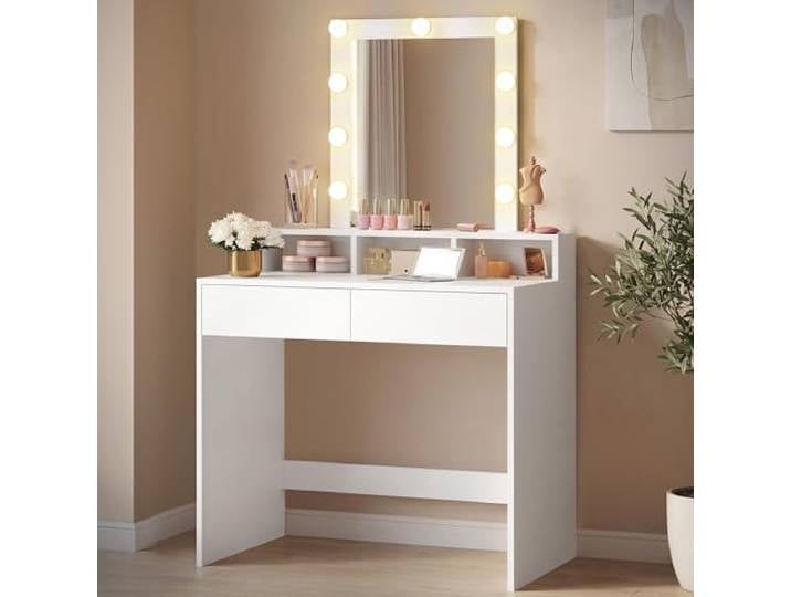 VASAGLE Coiffeuse avec Grand Miroir\, Table de Maquillage Table de Maquillage\, Largeur de 80 cm\, 2 Tiroirs\, Compartiments Ouverts\, Blanc Nuage\, Collection KAILYN RDT114W01