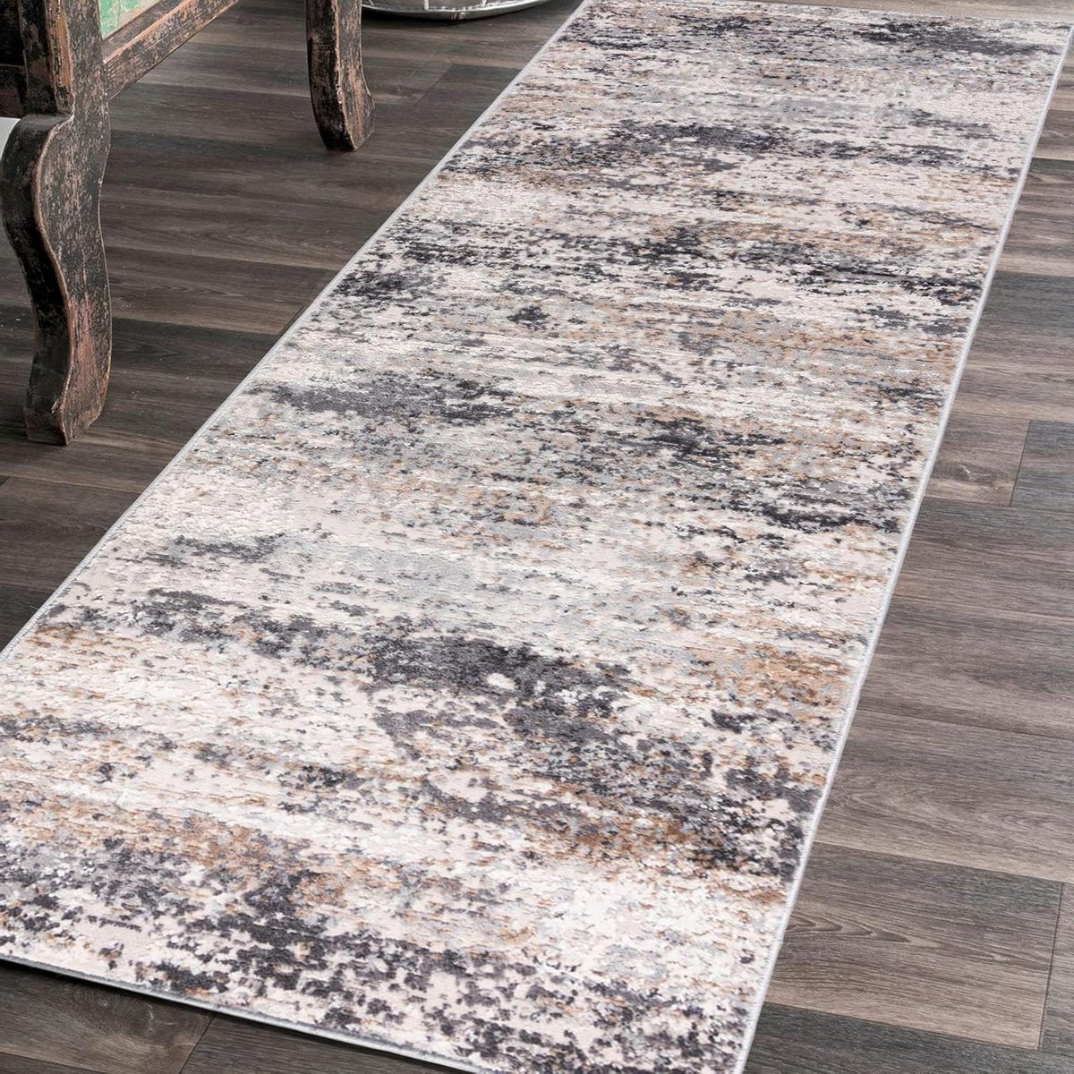 Abstract Runner Vloerkleed Grijs Beige - Modern Gangkleed van Polypropyleen - B/D: 85 x 100 cm